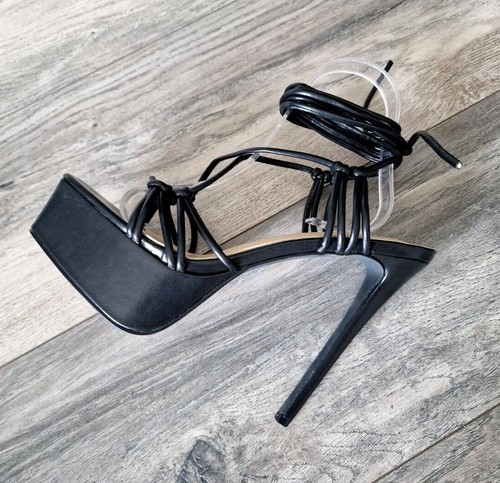 Womens Black Stiletto High Heel Tie Up Strappy Extreme Platform Sandals UK 3 - Picture 5 of 8
