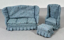 Concord Miniatures Dollhouse Blue Couch Sofa with Chair & Ottoman Stool Floral