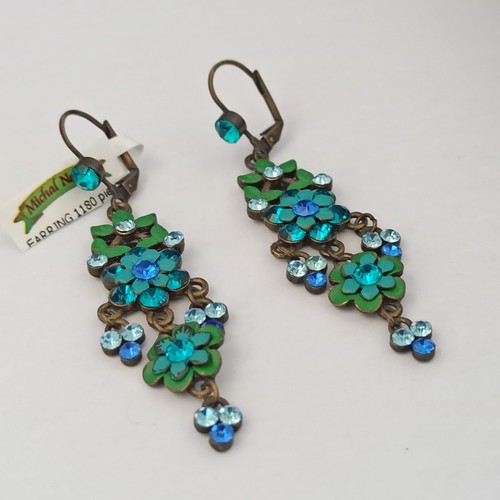 Michal Negrin Earrings Green Enamel Blue Crystals Long Chandelier Statement Gift - Picture 5 of 14