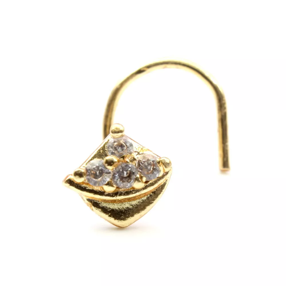 Indian Gold Plated Nose Stud White CZ Fancy corkscrew piercing