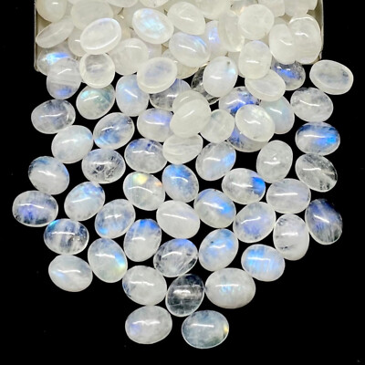 50 Pcs Natural Rainbow Moonstone 9x7mm Oval Blue Shines Cabochon Gemstones Lot