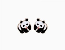 Adorable Gold Animal Panda Bear White Black Stud Earrings