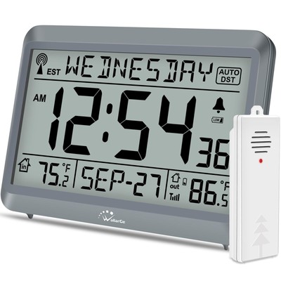 WallarGe Atomic Clock with Indoor Outdoor Temperature Self-Setting Digital Wa...