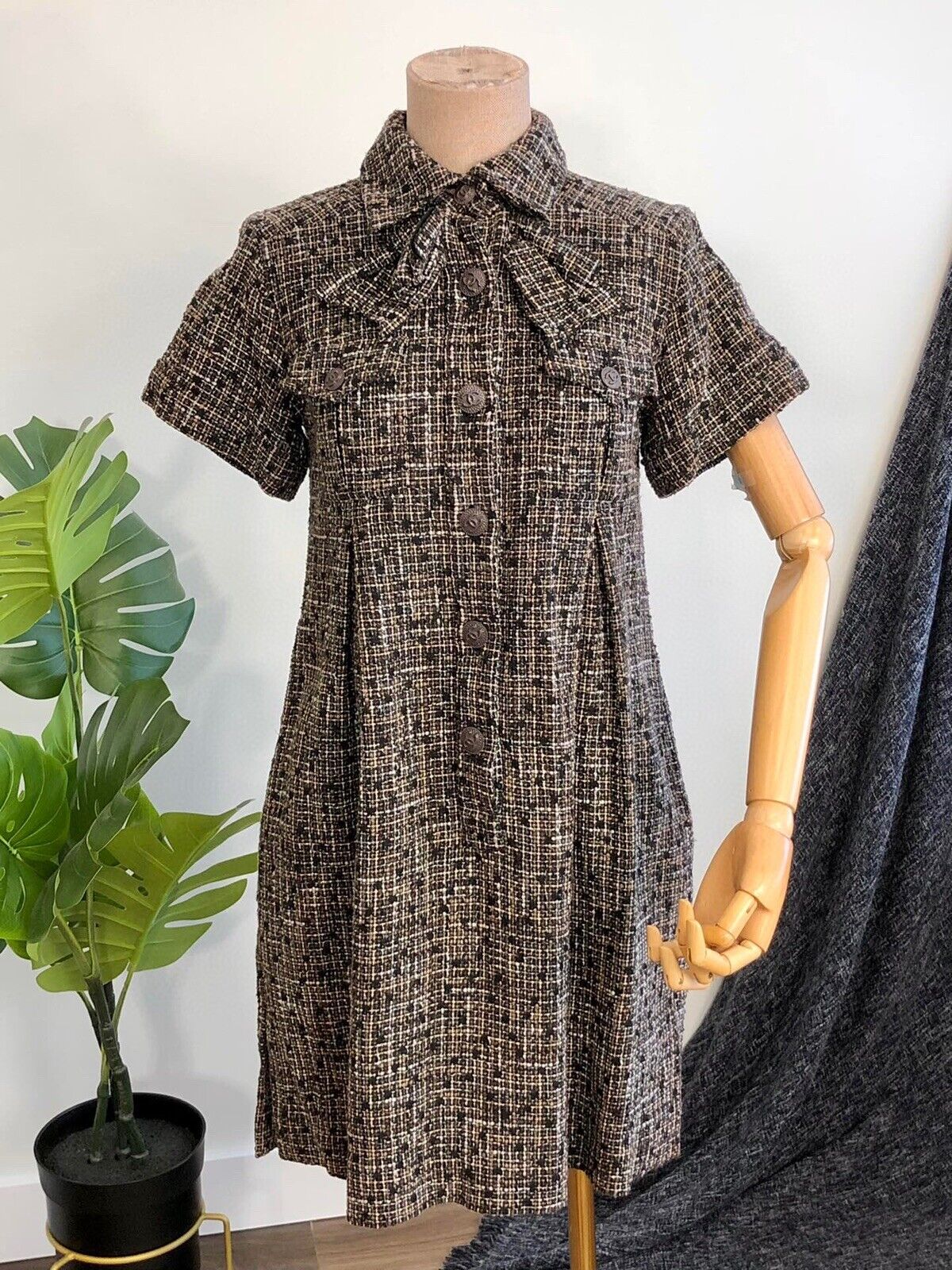 AUTH CHANEL COTTON SILK SHORT SLEEVE TWEED DRESS BOW TIE MINT Size 34
