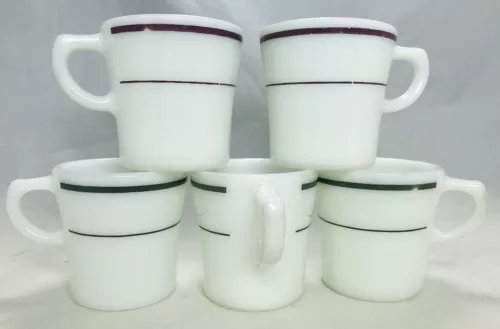 Vtg Pyrex Double Tough Milk Glass Coffee Cup 8 oz Diner Mug Maroon Green Stripe