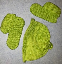 Handmade crochet set Green Matching Cap /Hat  booties Extra Pair Blue Booties