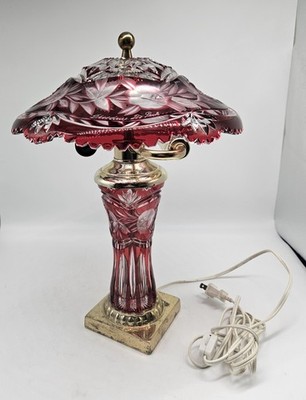Table Lamp Cranberry Cut To Clear Crystal Dresden By Peck Signed