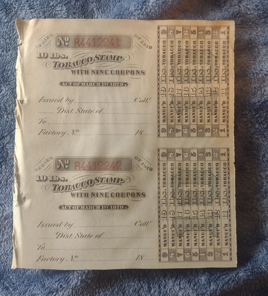 Tobacco Tax Stamp Receipt Full Sheet Of 5 $14.40 Act Of March 3rd 1875 Hard... - Image 2 of 2