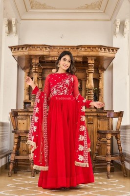 Red and Teal Embroidered Anarkali Gown Set with Dupatta, Indian Wedding Wear