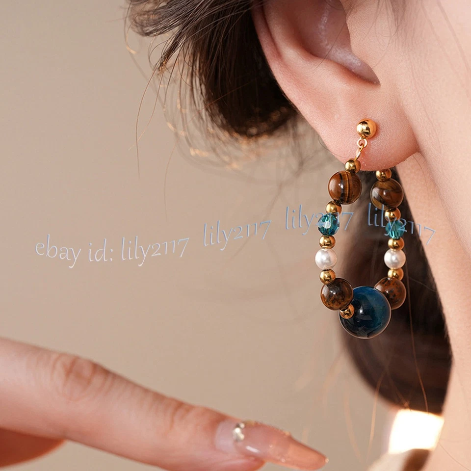 Natural Yellow Blue Tiger's Eye Round Gemstone Beads Dangle Stud Hoop Earrings - Image 4 of 4