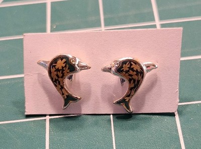 Dolphin Silvertone Earrings With Floral Pattern Small Cute