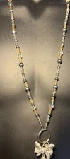 Beaded Lanyard ID Badge Holder Pewter Beads Butterfly Charm Chain Approx 32"