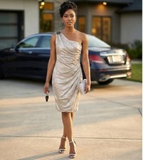 Maggy London Sz 4 One Shoulder Ruched Metallic Champagne Cocktail Dress Glamour