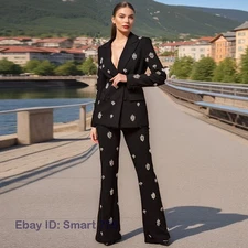 Occident Runway Women 2pcs Sets Rhinestone Blazer Suit Jacket Long Pants Fashion