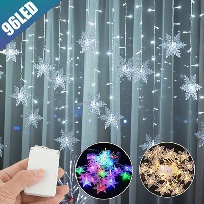 96 LED Christmas Snowflake Curtain String Lights Twinkle Wall Light Decor 8 Mode