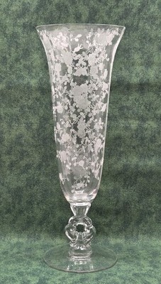 Cambridge Glass Footed Key Hole Etched  Crystal Vase  - Rose Point Pattern - 12''