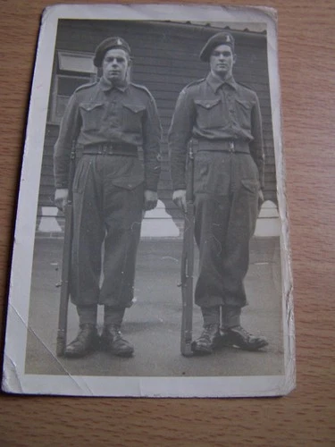 WW2 Two Military Soldiers in Uniform Vintage Photo Standing to Attention