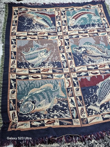 Goodwin Weavers Fishing Throw Blanket Fisherman Lures Tapestry 100% Cotton USA - Picture 2 of 13