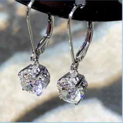 2.00 Ct Round Cut Moissanite Women's Drop Dangle Earrings 14K White Gold Plated