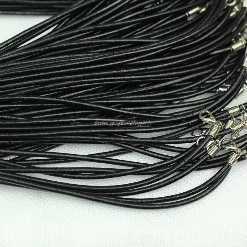 Collar de cordón de cuero genuino negro 2 mm/3 mm 18" con broches cadena de extensión Foto 4 de 4