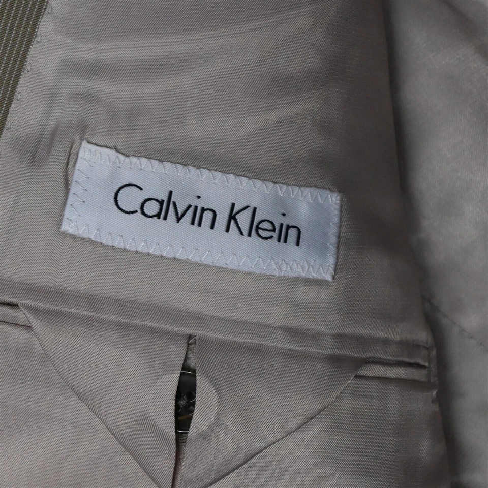 Calvin Klein 46R 42x29 Khaki Stripe 3 Peice Mens Vest Jacket Pants Suit - Image 4 of 4