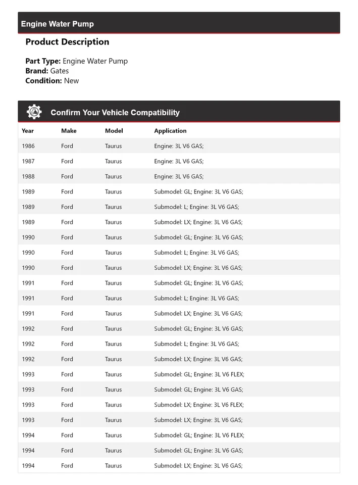 Puertas de bomba de agua para motor Ford Taurus 1986-1994 1987 1988 1989 1990 1991 1992 Foto 2 de 4