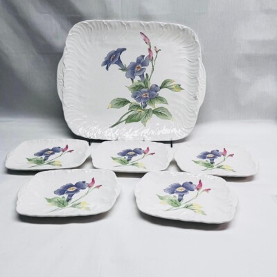 Vtg Six (6) Pc Dessert Set Tsukasa Clear White Lavender Iris Japan Sz: See Descr