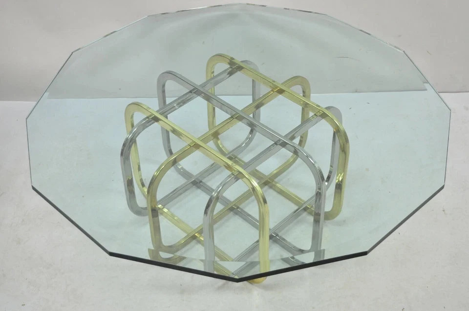 Mid Century Modern Pierre Cardin Style Brass & Chrome Glass Top Coffee Table - Image 2 of 4