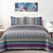 Boho Quilt Set Size Bohemian 3 Pieces Quilt Sets, Lightweight Queen Purple
