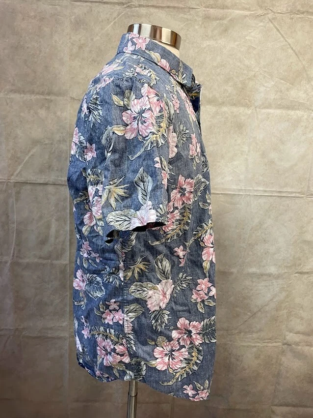 Camisa masculina American Rag azul botão frontal floral manga curta tamanho G - Imagem 4 de 4