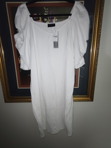 Vestido Lane Bryant 22/24 Talla Grande Blanco Elástico Tejido Mangas Aceleradas Burbujas NUEVO