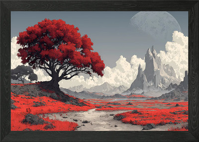 Rote Baumlandschaft mit Bergen gerahmtes Wandbild Poster Leinwanddruck Bild