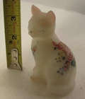 Fenton White Satin Glass Cat Figure Pink Ears Red Roses Hand Painted Sleepy 3.5"