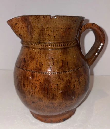 Antique Early Redware Pitcher Jacob Medinger? 7 1/4”