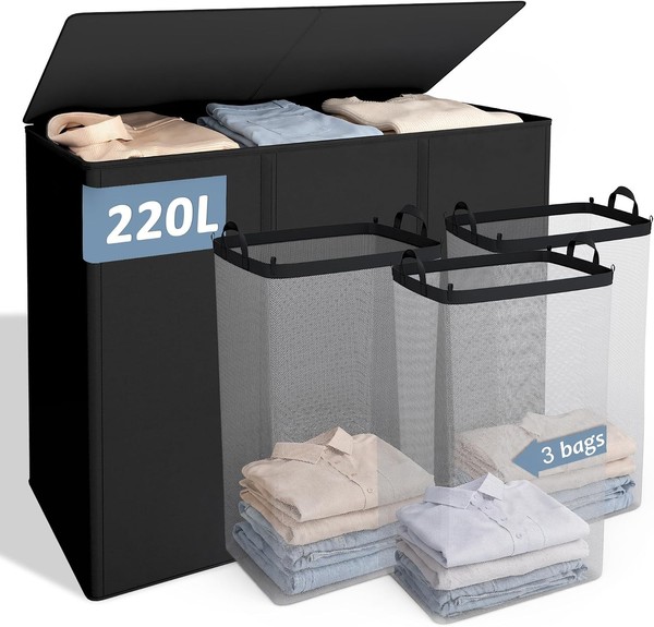 WäSchekorb 3 FäCher 220L Mit Deckel Innentasche FüR WaschküChe Schlafzimmer-image