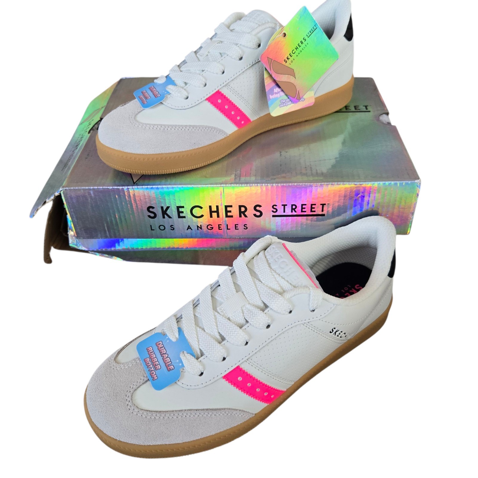New Skechers Zinger Street Lace Up Closure White pink Sneaker Size Big Girls 4