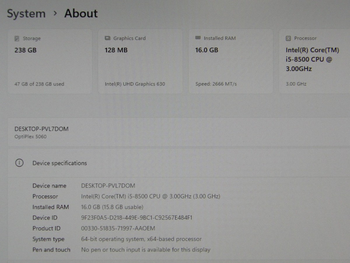 Dell Optiplex 5060 SFF i5-8500 3.0GHz 256GB M.2 SSD 16GB Win 11