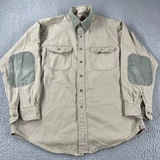 Vintage Woolrich Shirt Men’s Large Rugged Outdoorwear Elbow Pads Tan Khaki USA
