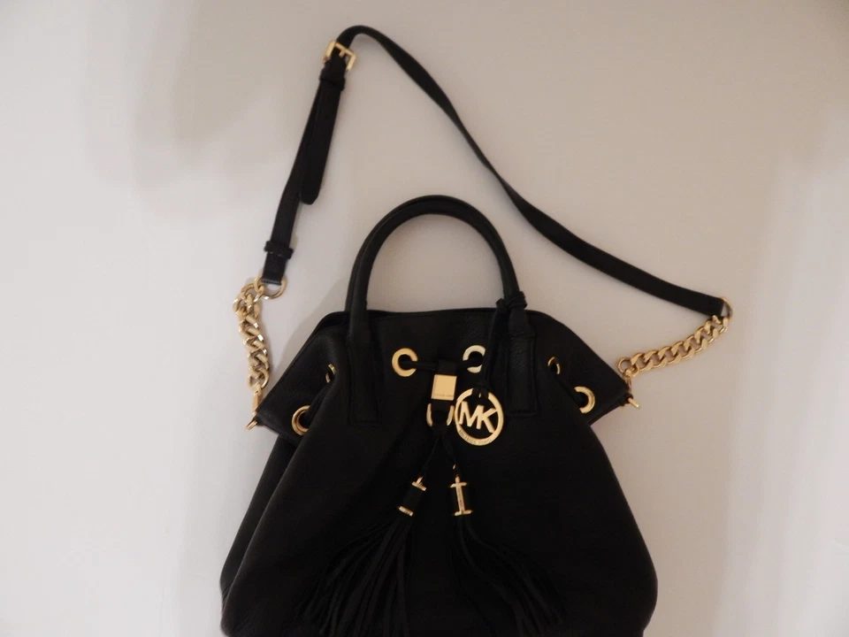 Michael Kors LG CAMDEN Cartera con Cordón Cuero Guijarro Negro, Dorado Foto 3 de 4