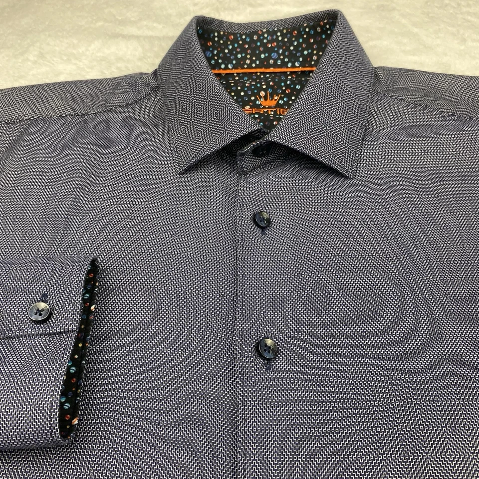 Camisa BERTIGO Para Hombres XL Azul Patrón Geométrico Puños Abatibles Calce Regular Mangas Largas Foto 4 de 4