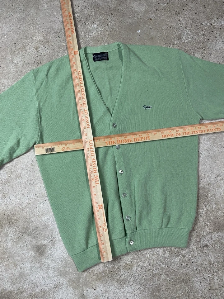 Vintage 60s 70s Sweater Mens XL Turtle Logo Challenger Green Rockabilly Cardigan - Image 4 of 4