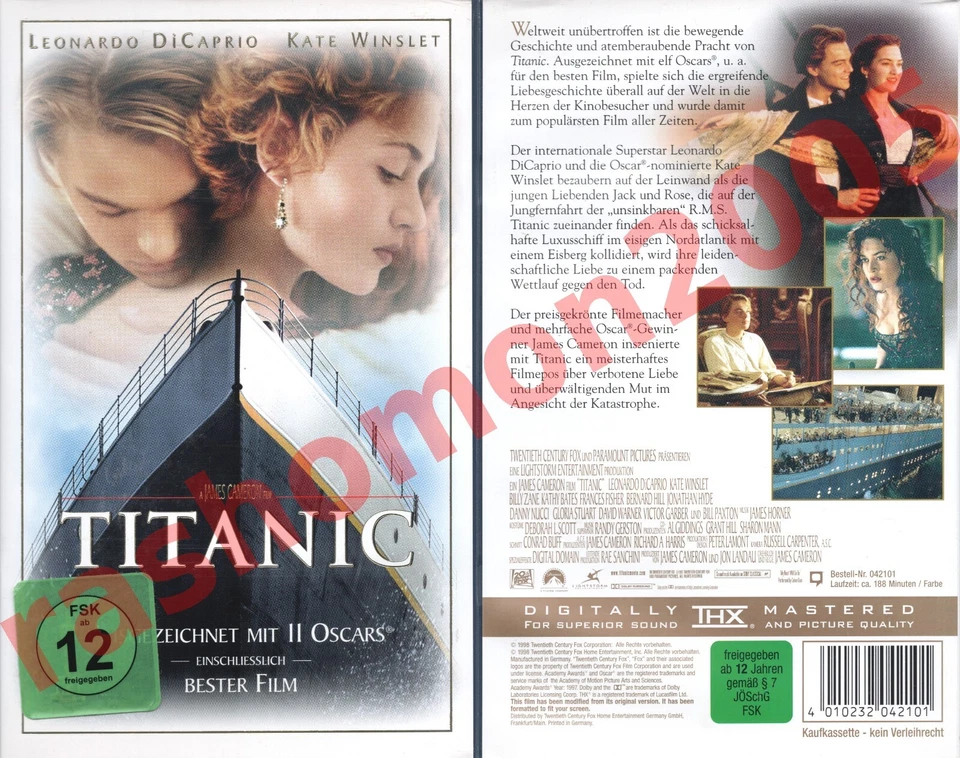 VHS TITANIC Leonardo DiCaprio Kate Winslet Billy Zane James Cameron Kultfilm - Bild 1 von 1