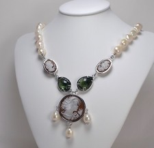 COLLANA IN ARGENTO 925 CON CAMMEO VOLTO QUARZO VERDE E PERLE BAROCCHE AGLN 0144