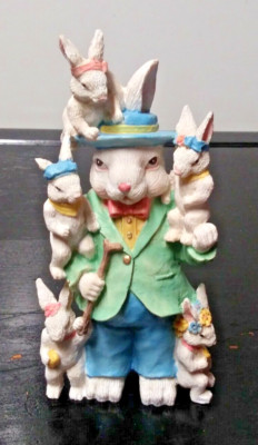 Easter Bunny Family Figurine Dad and children 6 Rabbits Home decor Resin 7.5''x4''
