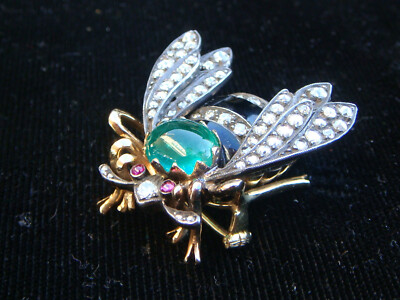 BEE PENDANT 18K~ SILVER WINGS ROSE DIAMONDS EMERALD VINTAGE BROACH RETAIL $5750