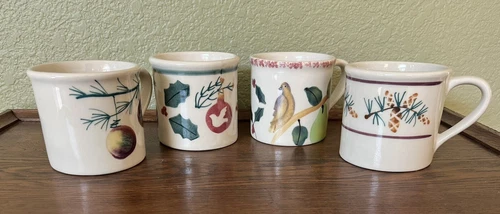4 Hartstone Pottery Partridge Pear Holly Christmas 14 oz Coffee Mugs