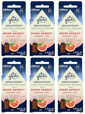 6 PACK Glade AROMATHERAPY Mist Diffuser Refill Spark Energy Grapefruit & Mint
