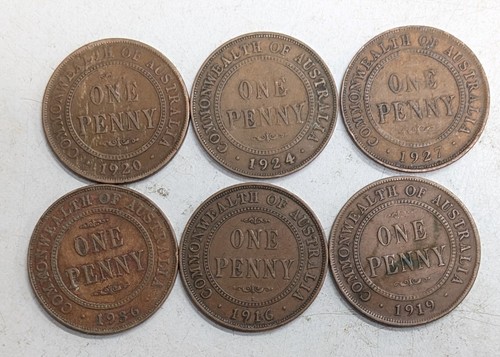 6 King George V COMMONWEALTH OF AUSTRALIA Penny Coin Collection Lot (Z174) - Picture 1 of 2