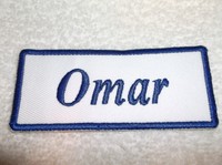 Omar Embroidered Sew / Iron On Name Patch Blue On White 1.5 X 3.5 Omar Embroidered Sew / Iron On Name Patch Blue On White 1.5 X 3.5