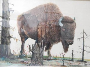 T. POOLEY ASA SIGNED BISON BUFFALO WESTERN INDIAN DSGN WATER COLOR PAINTING